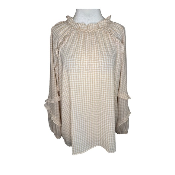 LOFT Outlet Tops - Loft Outlet Houndstooth Blouse Ruffle Neck Long Sleeve Top‎ Size Small